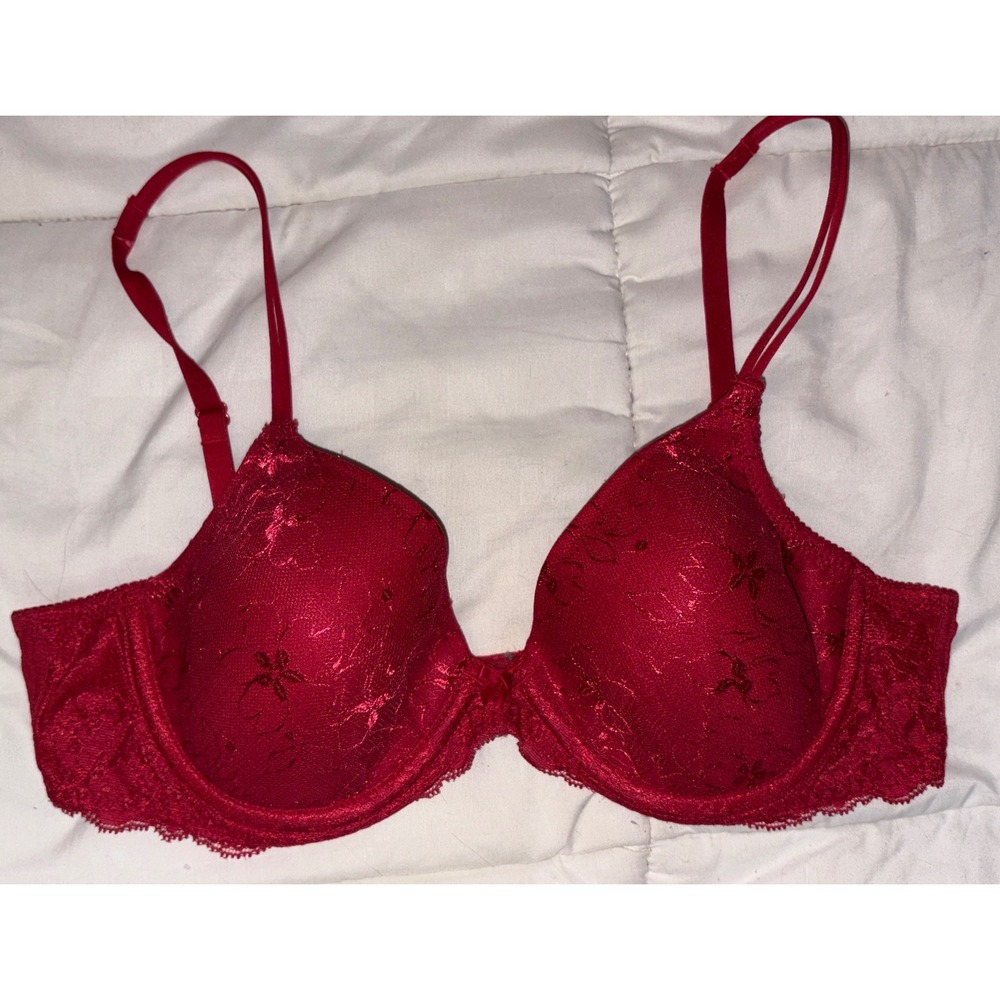 Playtex Red Lace Thank Goodness It Fits Lightly Lined Demi Cut Underwire Bra 36B